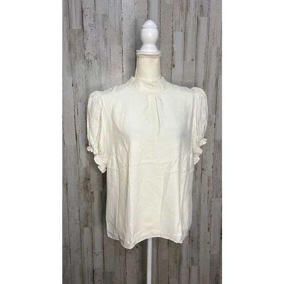 Frame Women's XL Ivory Keyhole Mock Neck Party Blouse Long Ruffle Sleeve - Picture 2 of 6